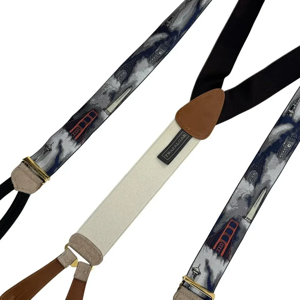 Vintage Trafalgar Silk Suspenders World Landmarks Print Leather Button End
